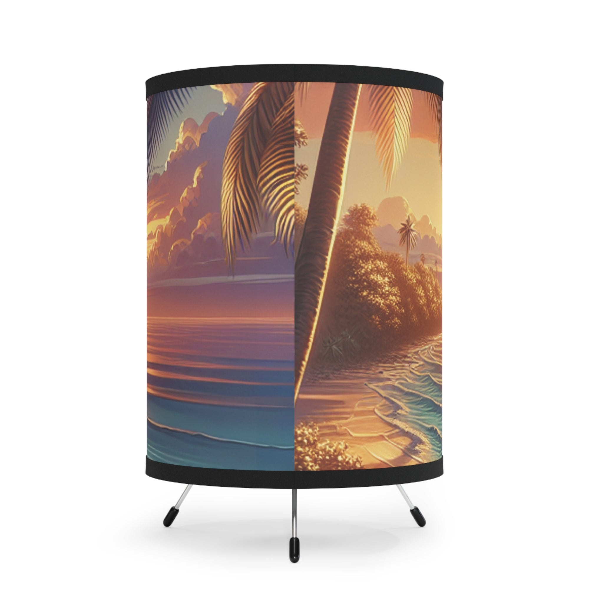 Tropical Sunset Tripod Lamp - High-Res Printed Shade for Relaxing Atmosphere