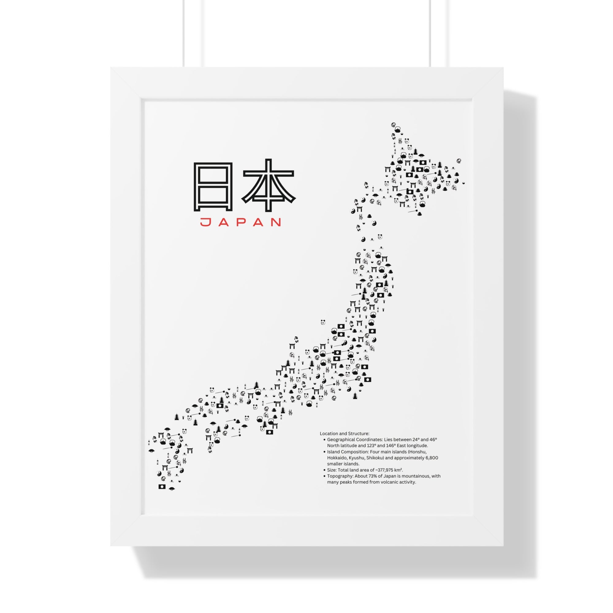 Aesthetic Japan Map in White - Framed Vertical Poster