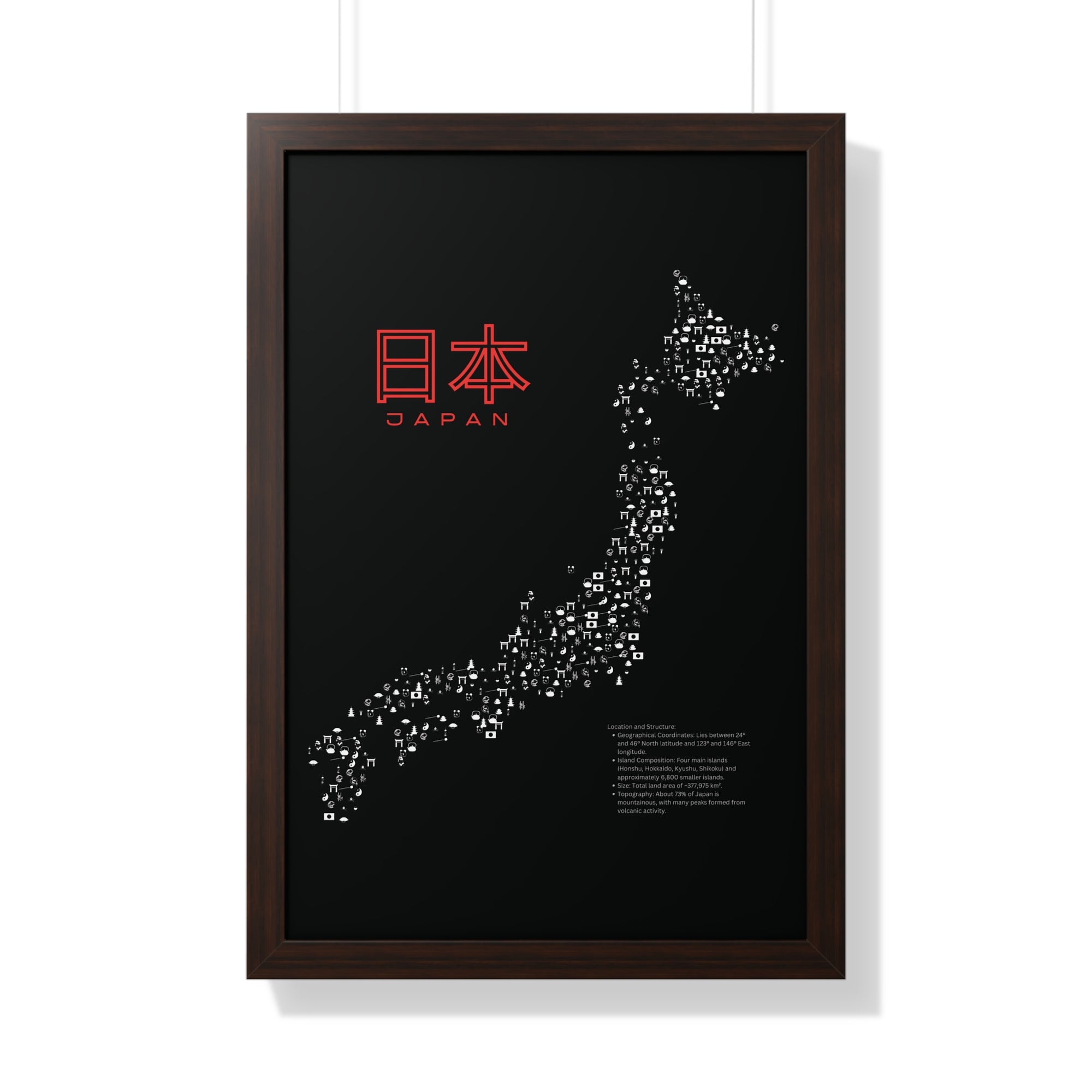Aesthetic Japan Map in Black - Framed Vertical Poster