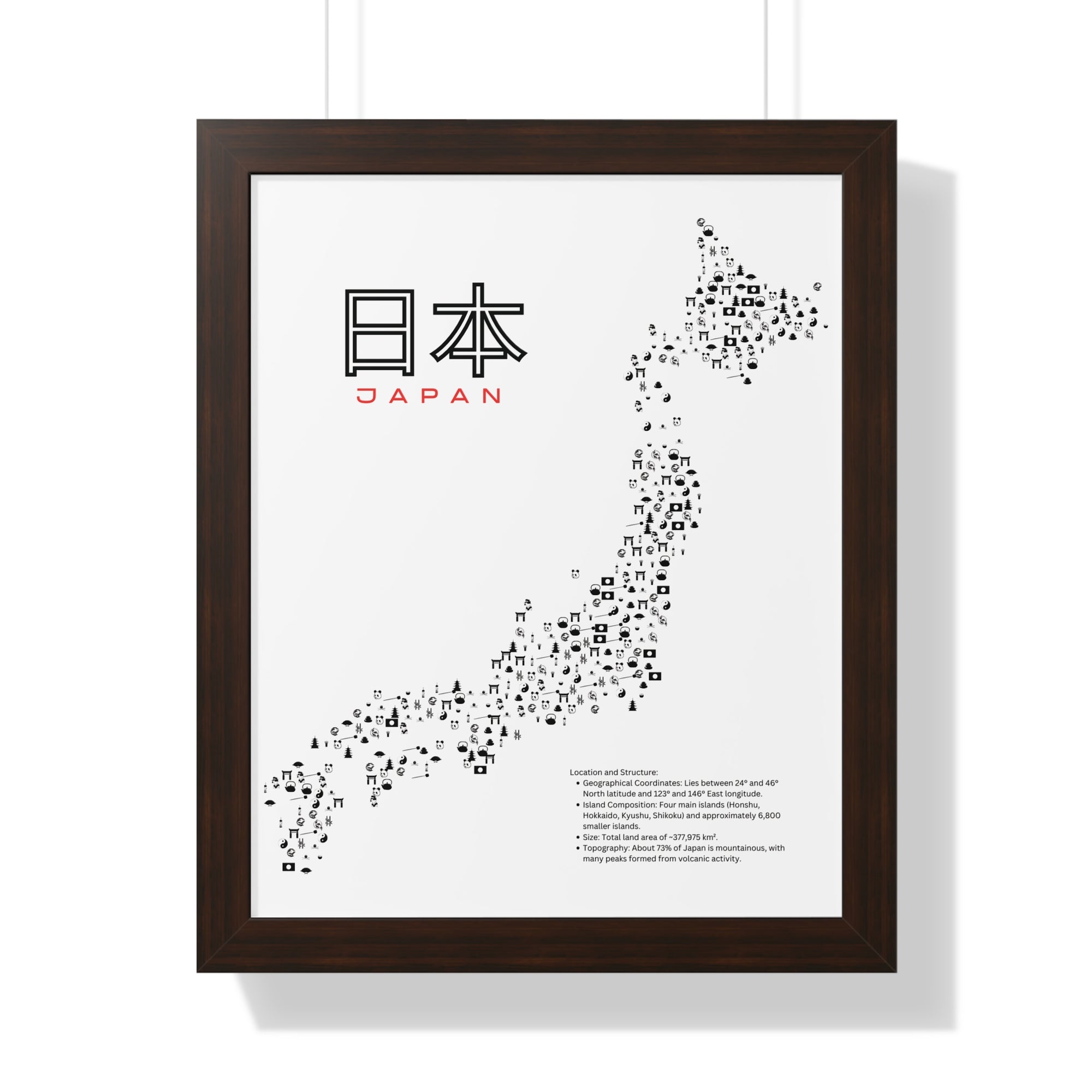 Aesthetic Japan Map in White - Framed Vertical Poster