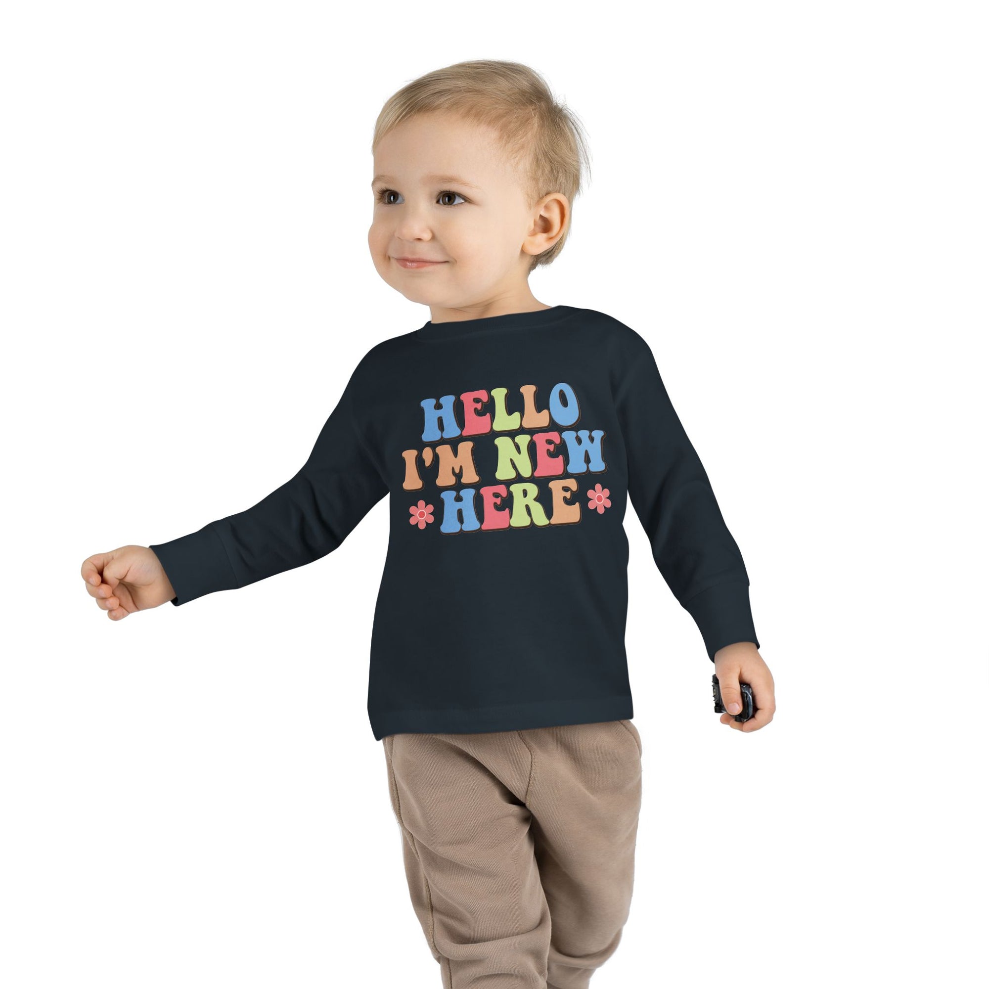 Toddler Long Sleeve Tee - "Hello I'm New Here" Playful Design for Newborns and Celebrations