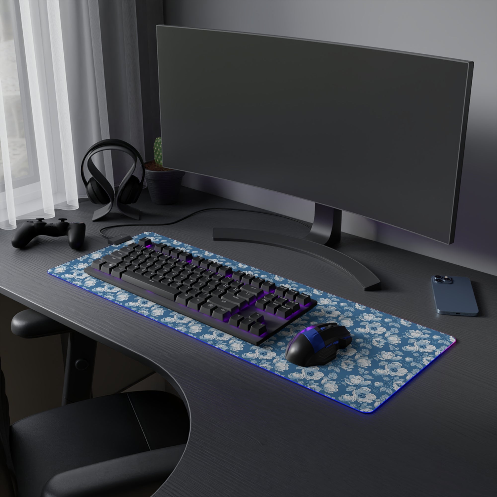 Floral LED Gaming Mouse Pad - Elegant Blue Design for Gamers