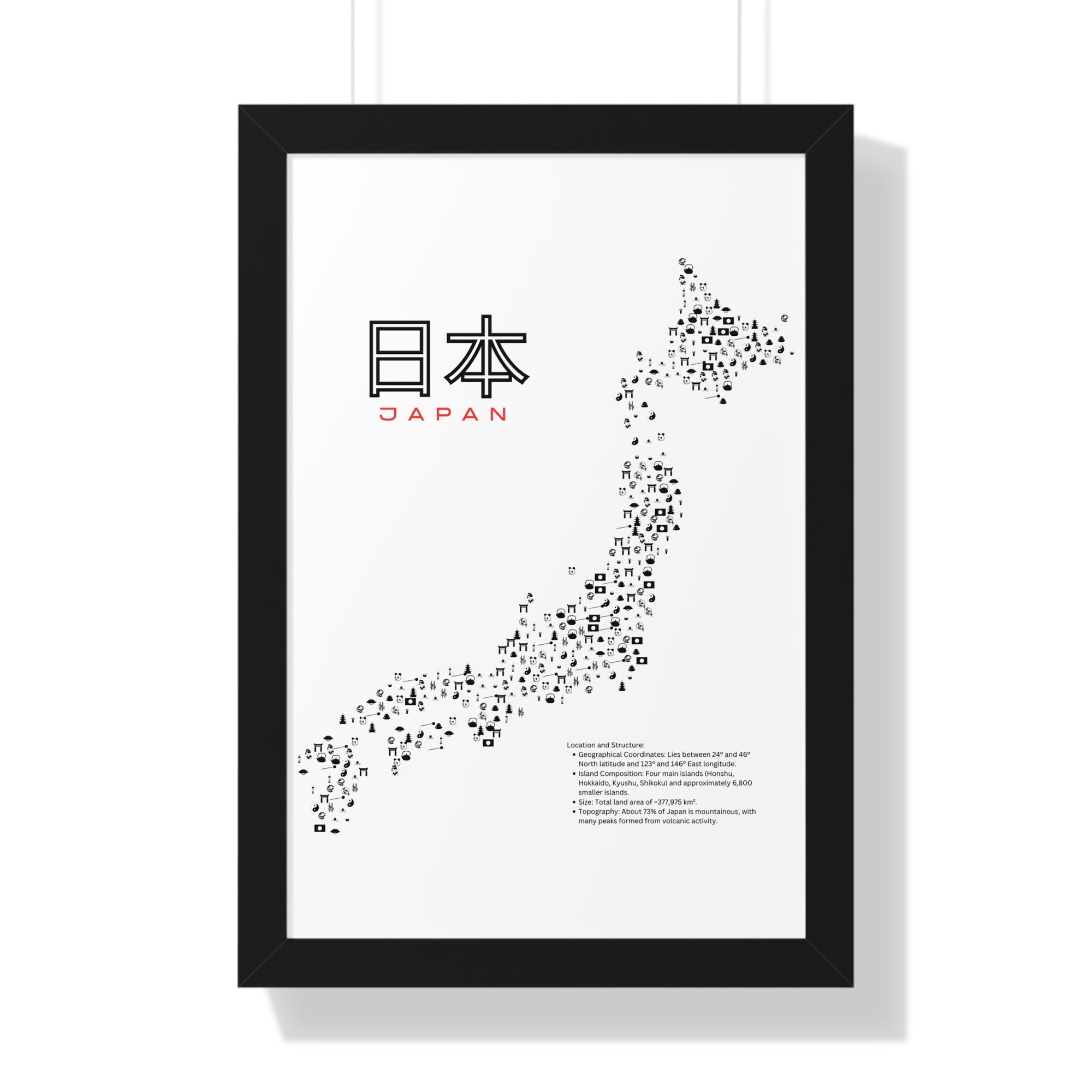 Aesthetic Japan Map in White - Framed Vertical Poster