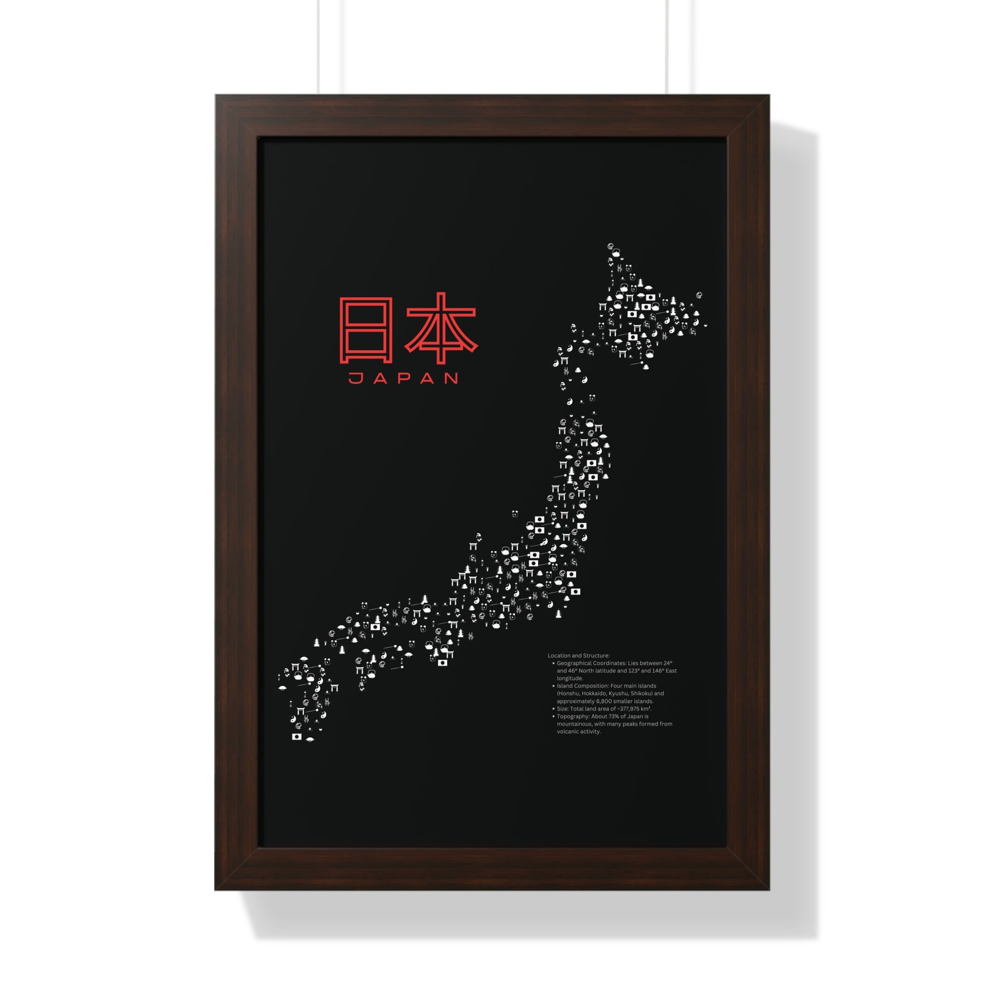 Aesthetic Japan Map in Black - Framed Vertical Poster