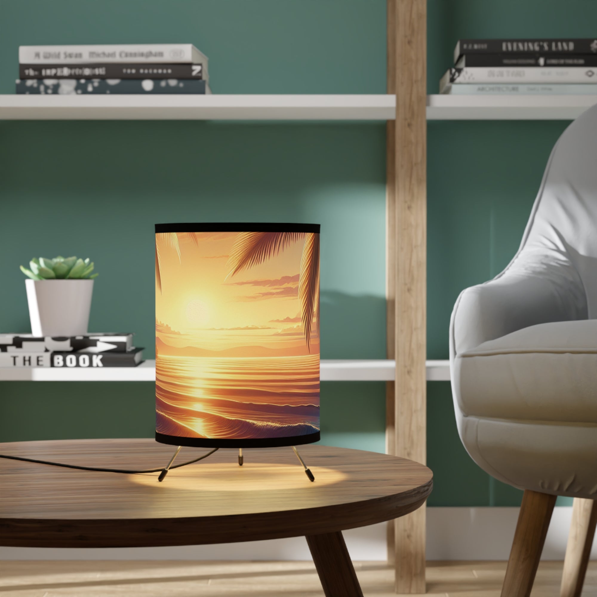 Tropical Sunset Tripod Lamp - High-Res Printed Shade for Relaxing Atmosphere