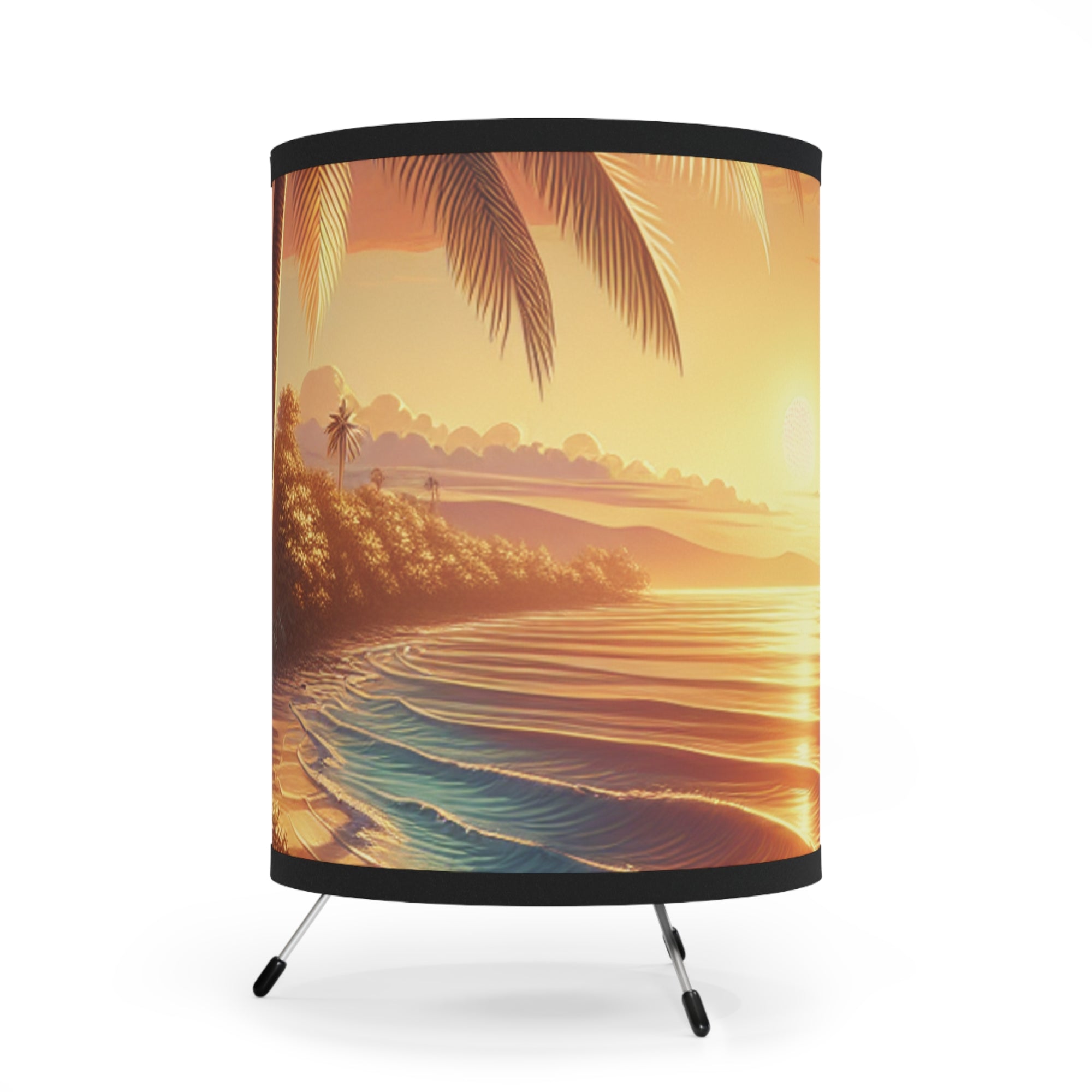Tropical Sunset Tripod Lamp - High-Res Printed Shade for Relaxing Atmosphere