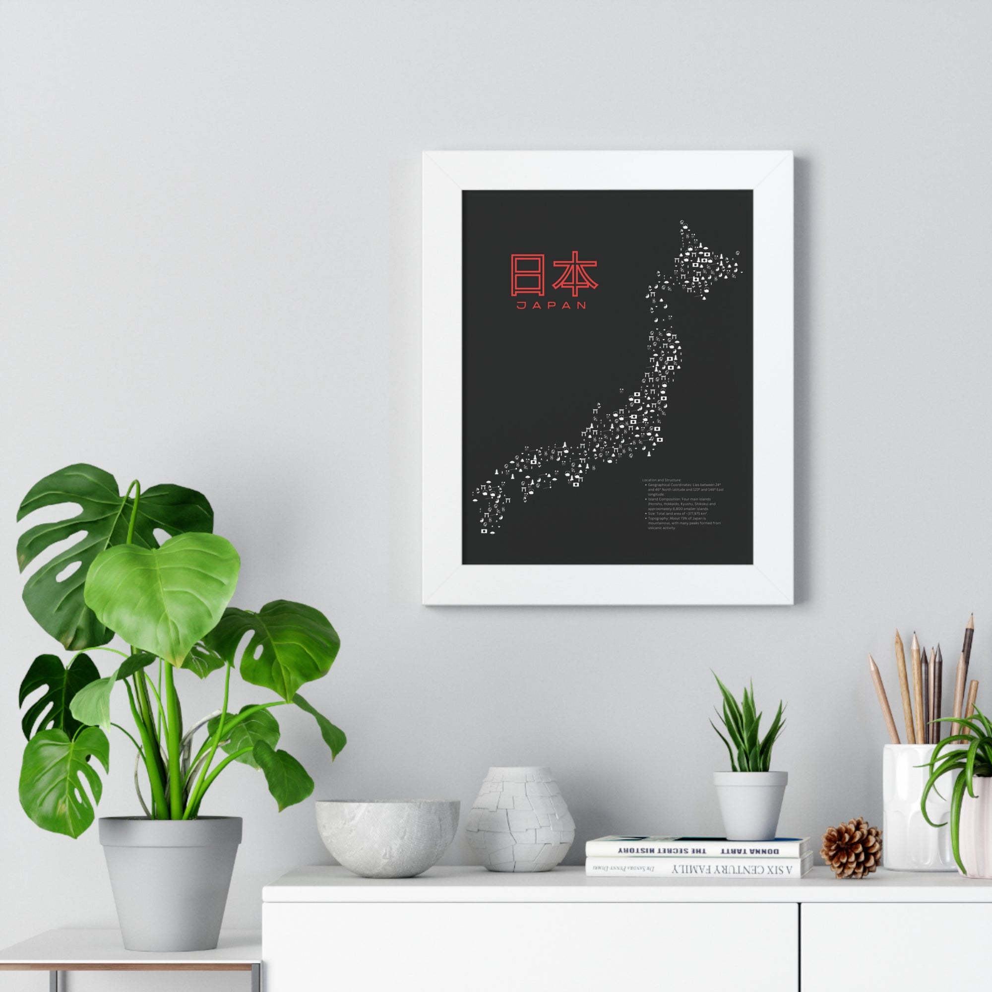 Aesthetic Japan Map in Black - Framed Vertical Poster