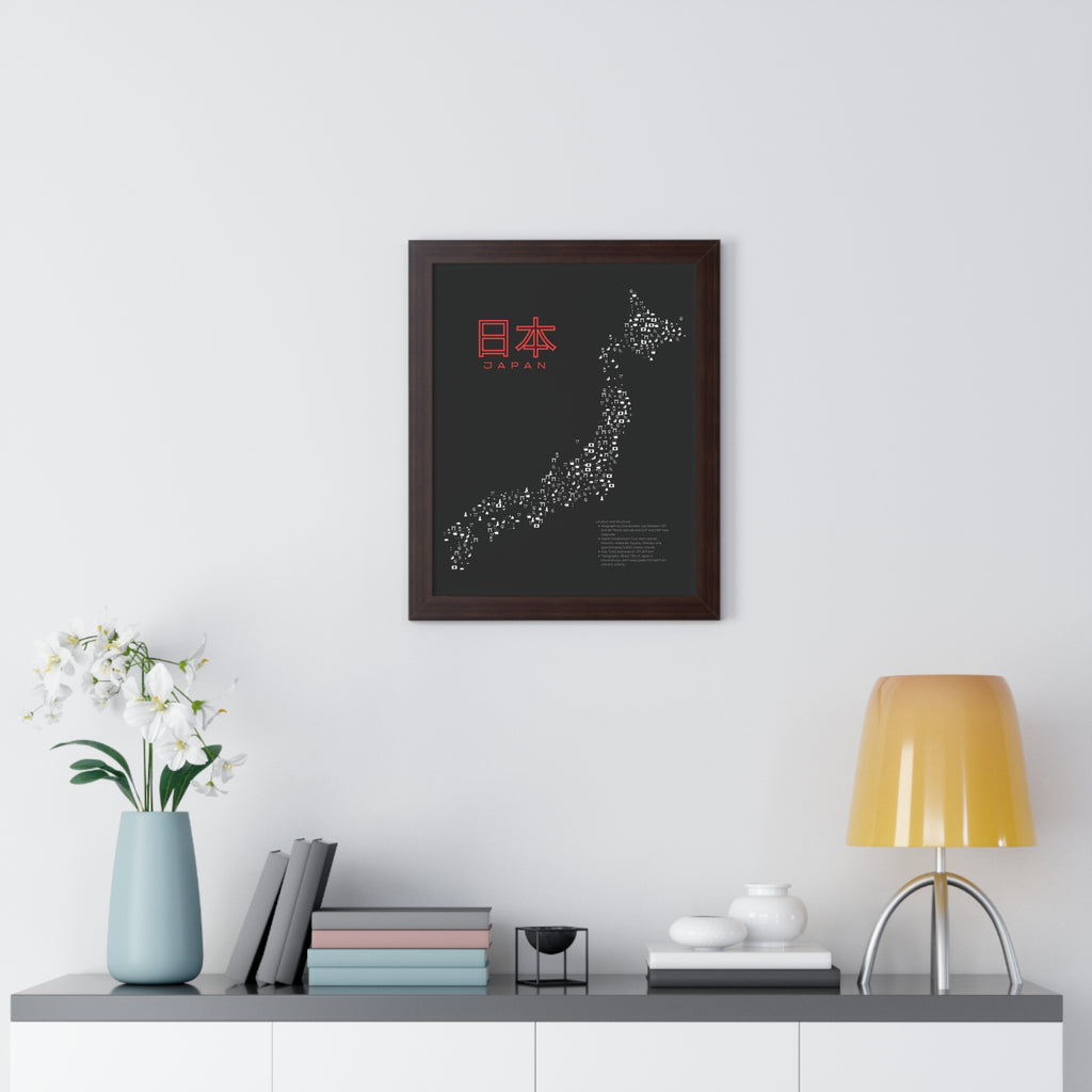 Aesthetic Japan Map in Black - Framed Vertical Poster