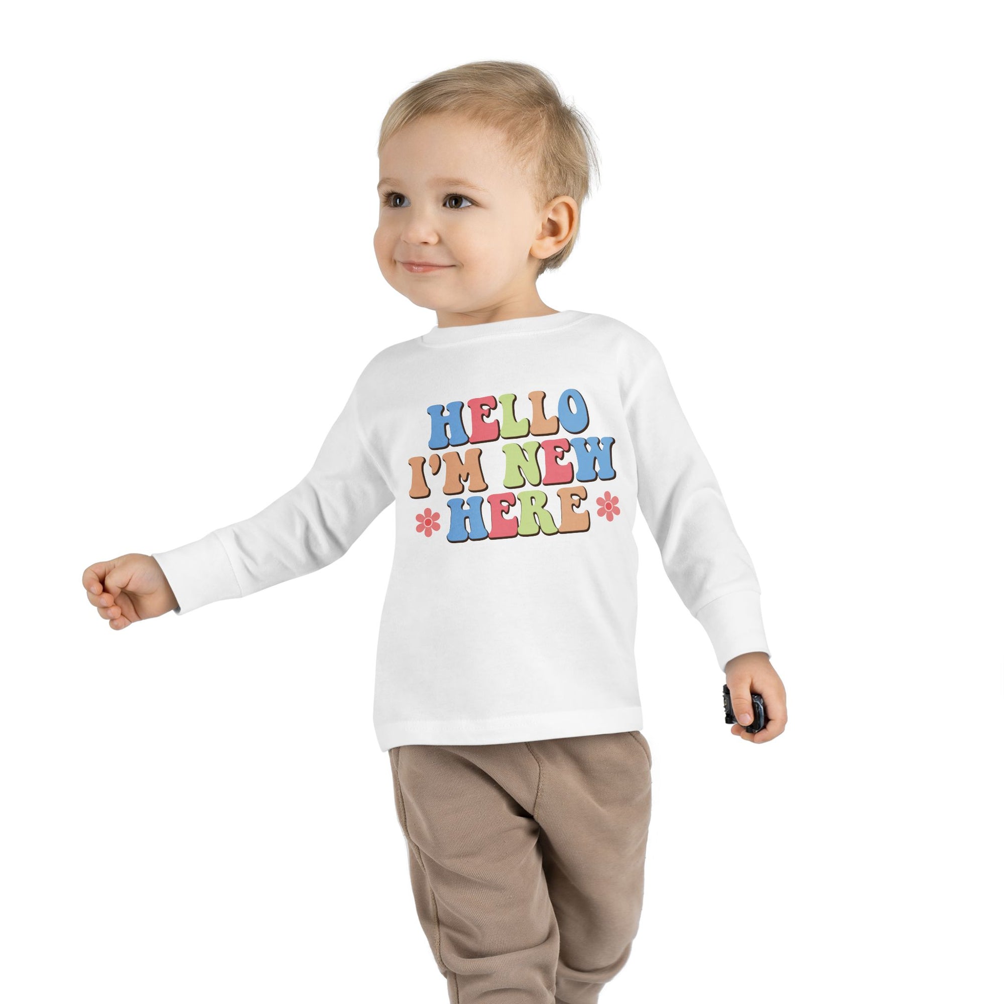 Toddler Long Sleeve Tee - "Hello I'm New Here" Playful Design for Newborns and Celebrations