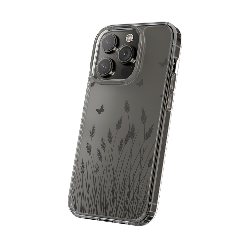 Stylish Clear Phone Case with Butterfly and Grass Design, Aesthetic Phone Cover, Nature-Inspired Gift, Transparent Case, Gift for Nature