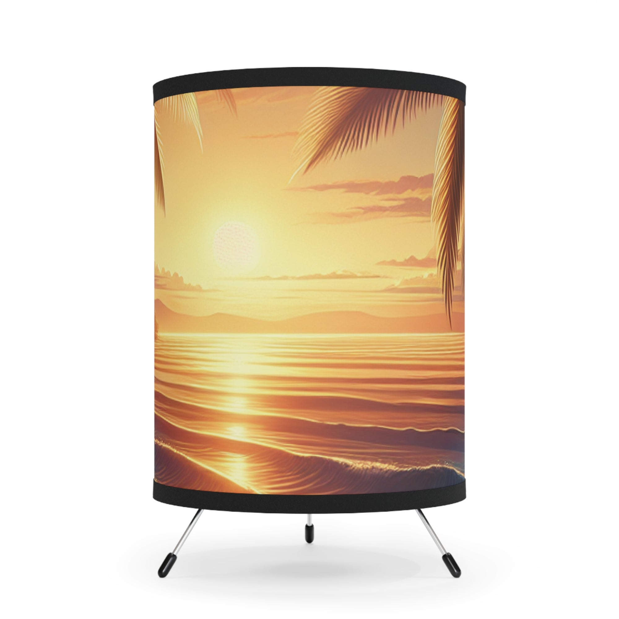 Tropical Sunset Tripod Lamp - High-Res Printed Shade for Relaxing Atmosphere