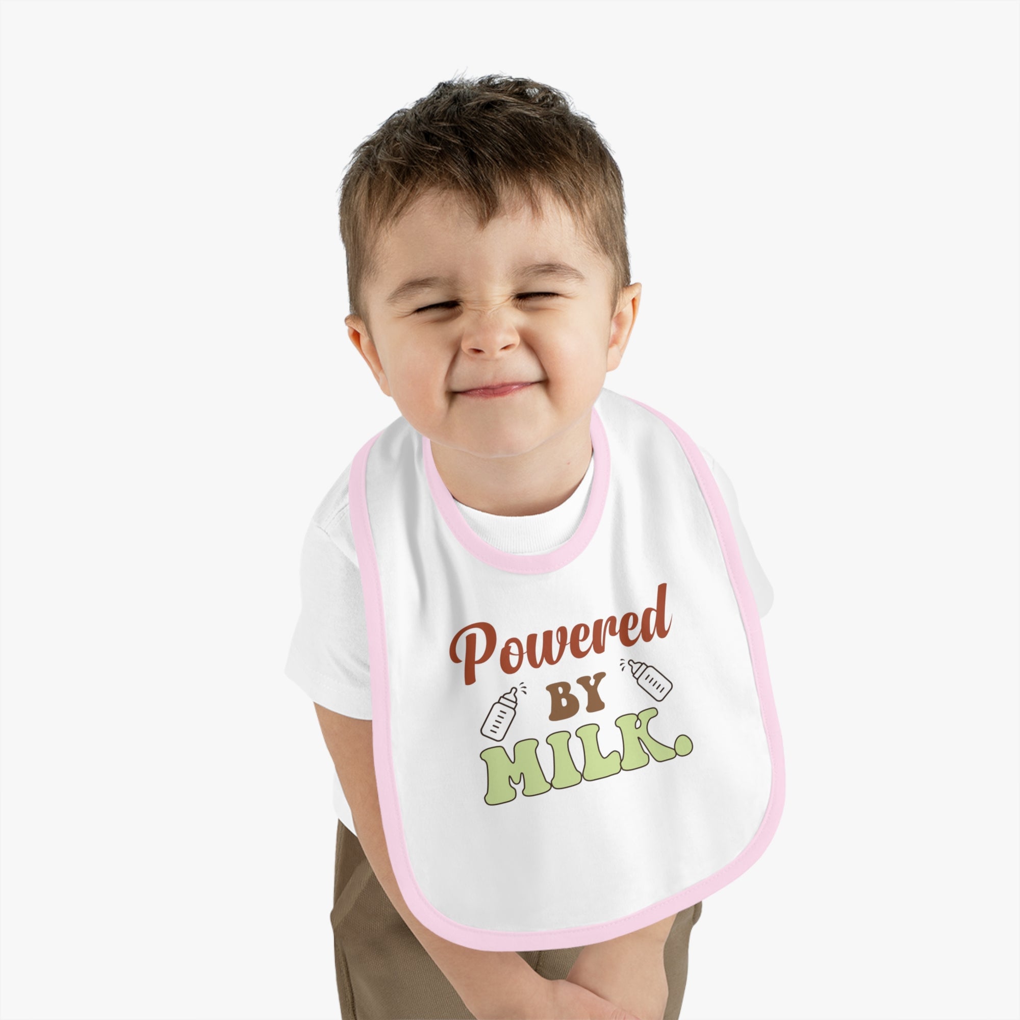 Powered by Milk Baby Bib - Cute Contrast Trim Jersey Bib for Infants