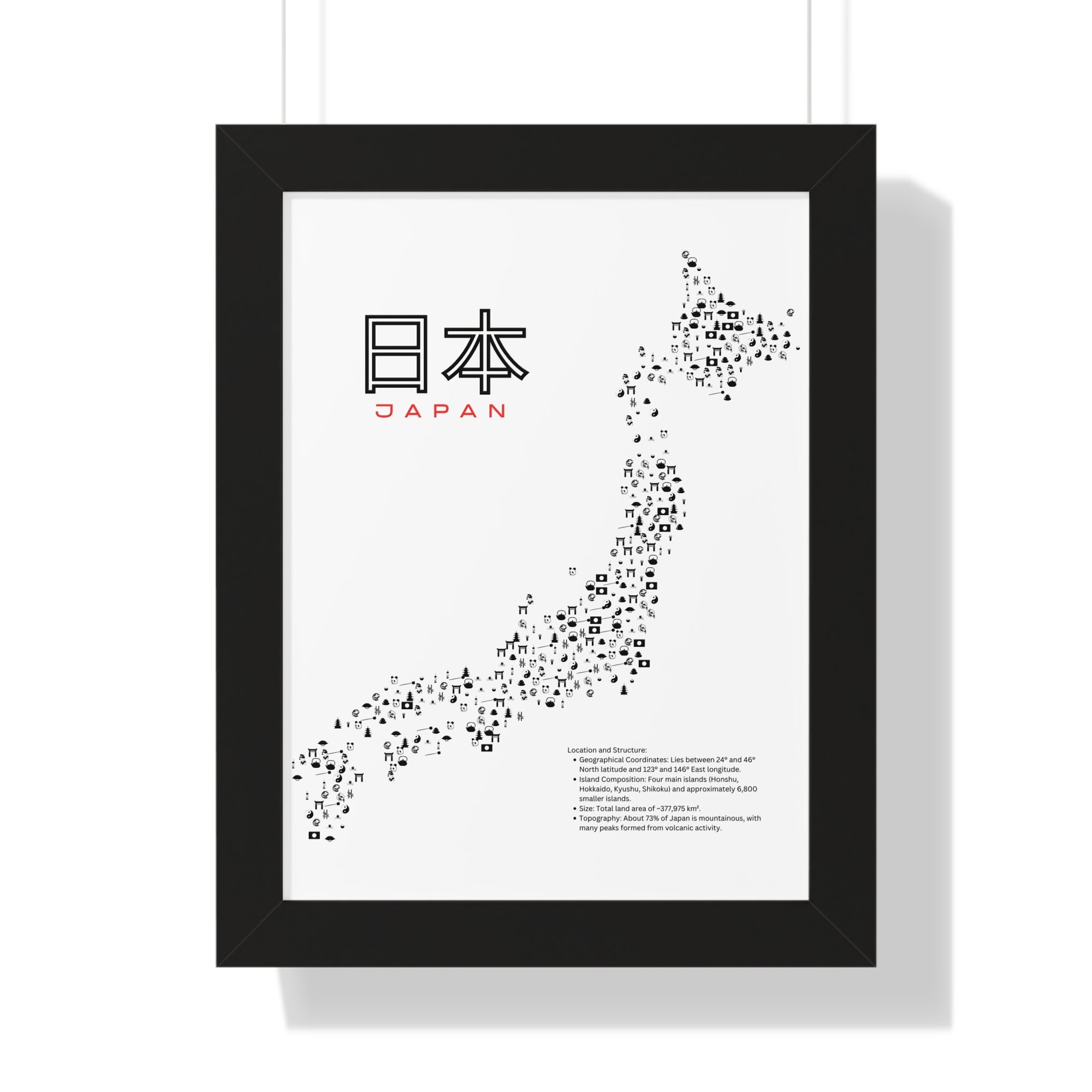 Aesthetic Japan Map in White - Framed Vertical Poster