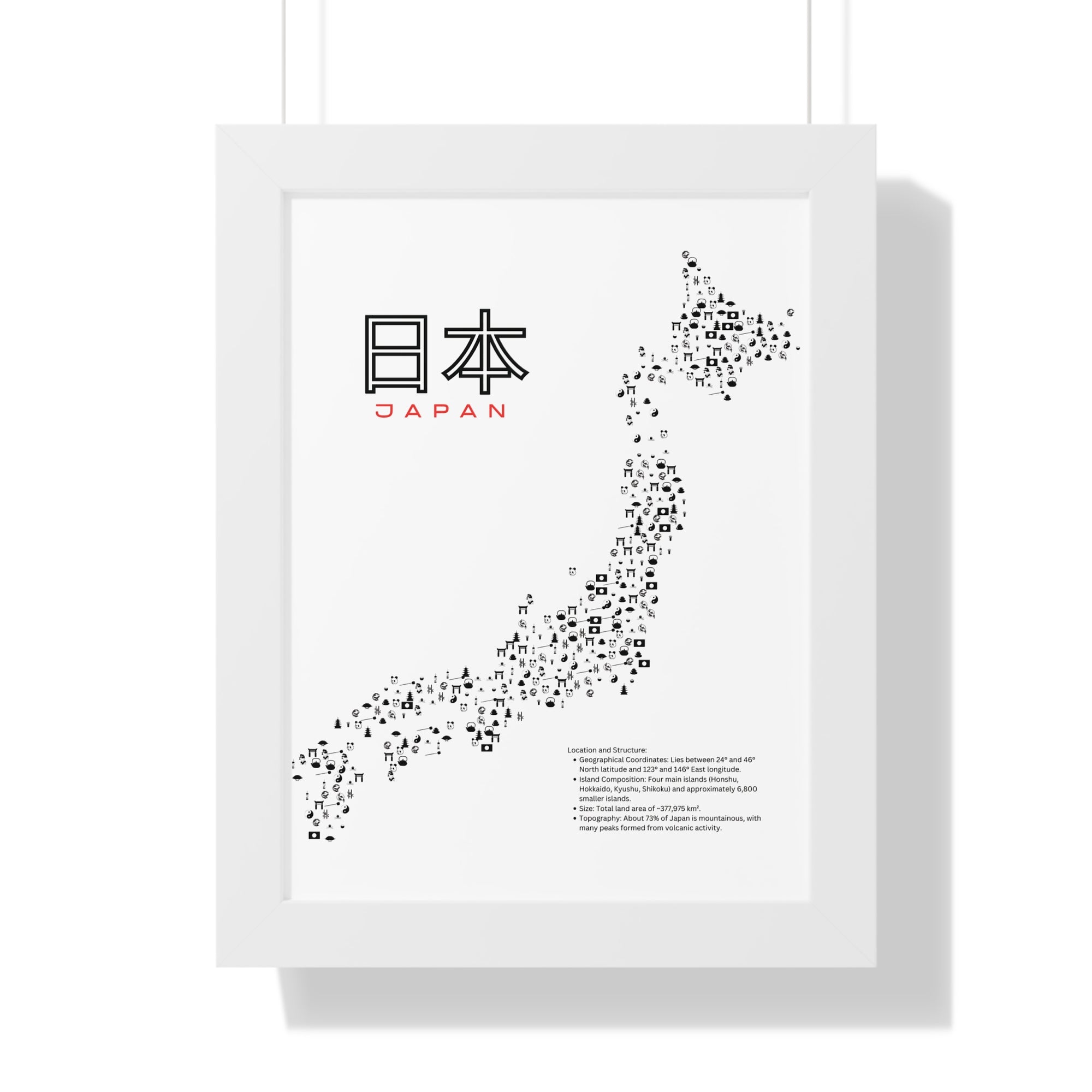 Aesthetic Japan Map in White - Framed Vertical Poster